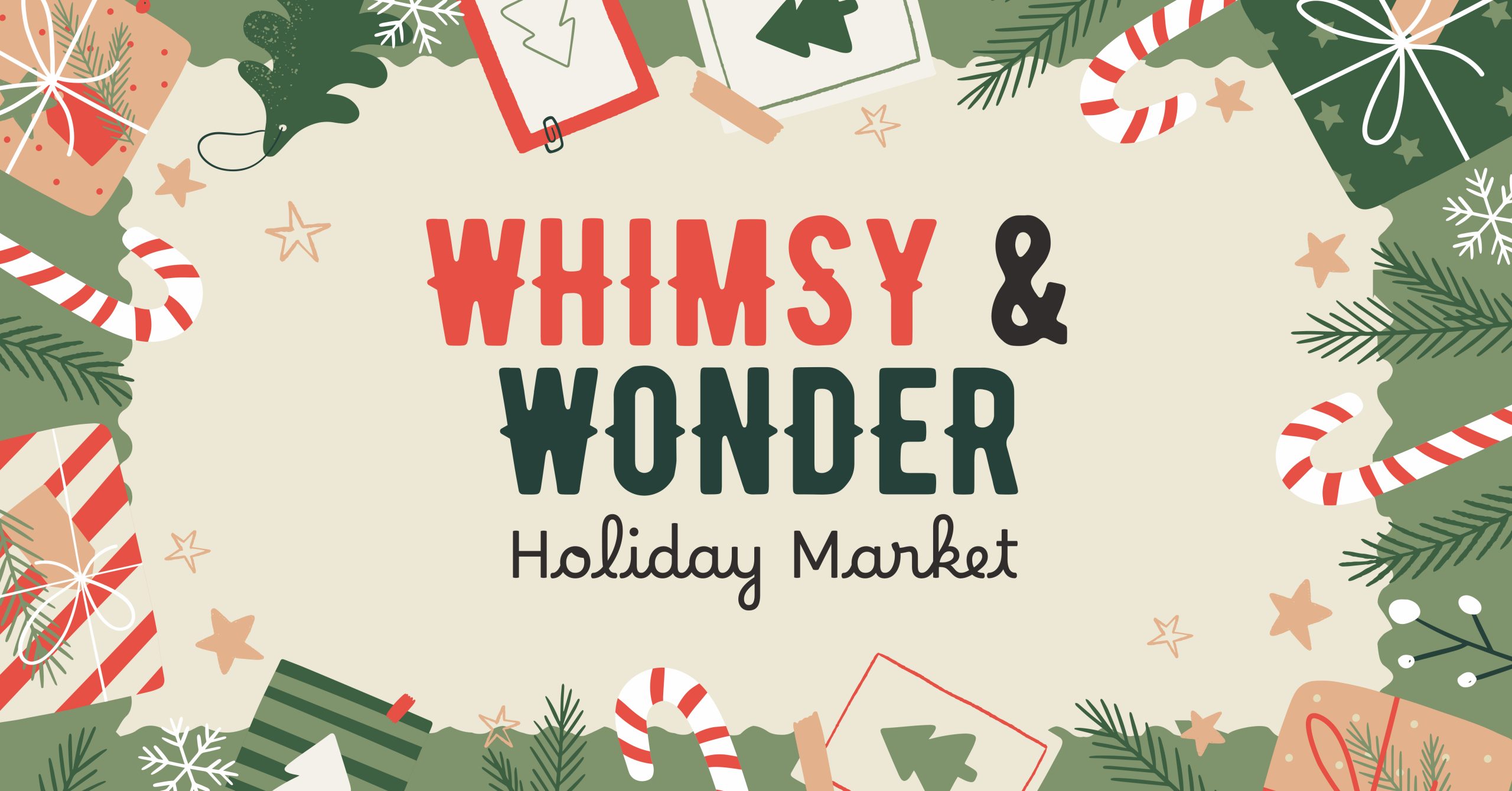 Whimsy & Wonder banner with a holiday garland surrounding the text.